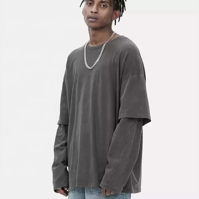 Hip Hop Vintage Washed Full Sleeve T Shirts Men 100% Cotton Double Layer acid wash long sleeve T Shirt