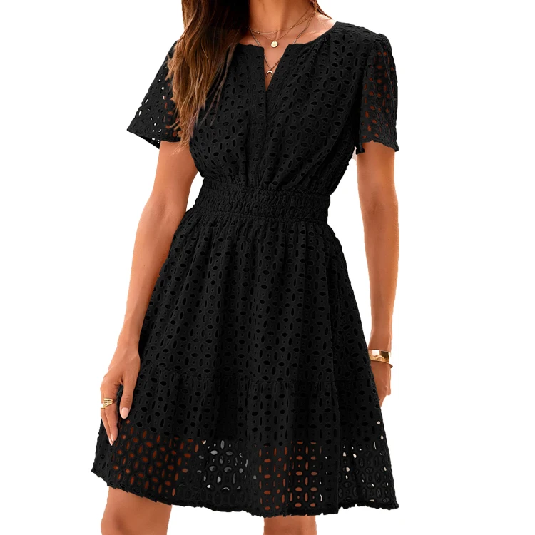 Womens Summer Short Dress V Neck Short Sleeve A Line Hollow Out Lace Ruffle Cute Casual Beach Party Dresses