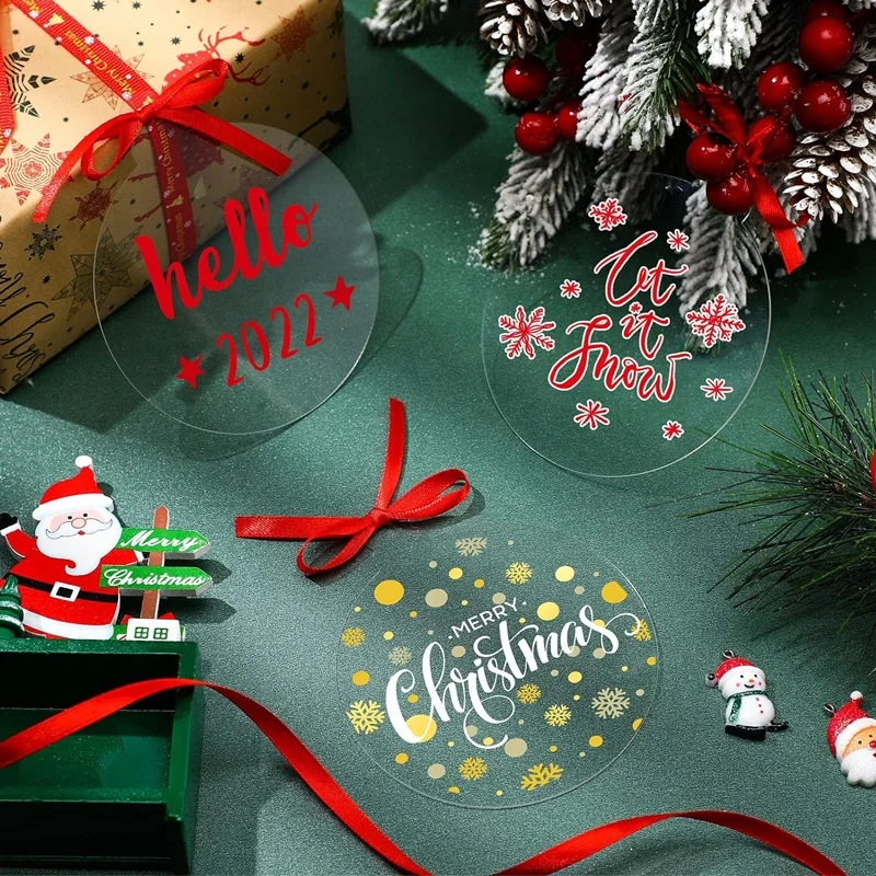 100 Pcs Clear Round Acrylic Ornaments Clear Acrylic Christmas Ornaments DIY Blank Round Acrylic Christmas Ornament with Red Ribb
