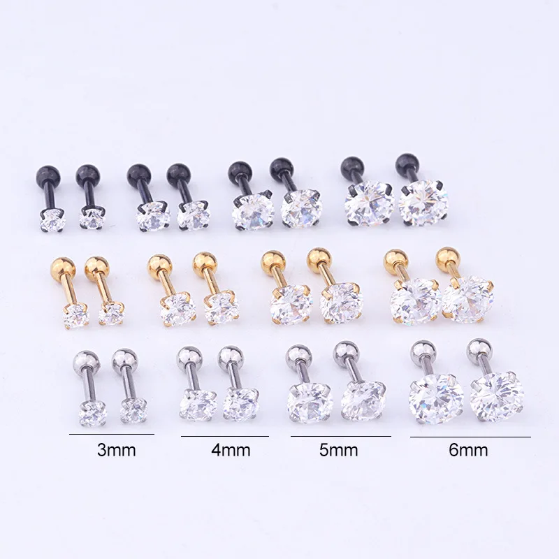 3MM-6MM 16G Stainless Steel Round CZ Stone Ear Tragus Conch Helix Cartilage Piercing Earring Back Screw Back Stud for Women