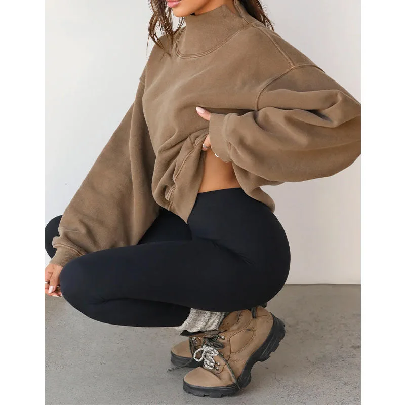 Wholesale Custom Logo Turtlenecks Sweatshirt Plain Color Pullover Hoodies For Women