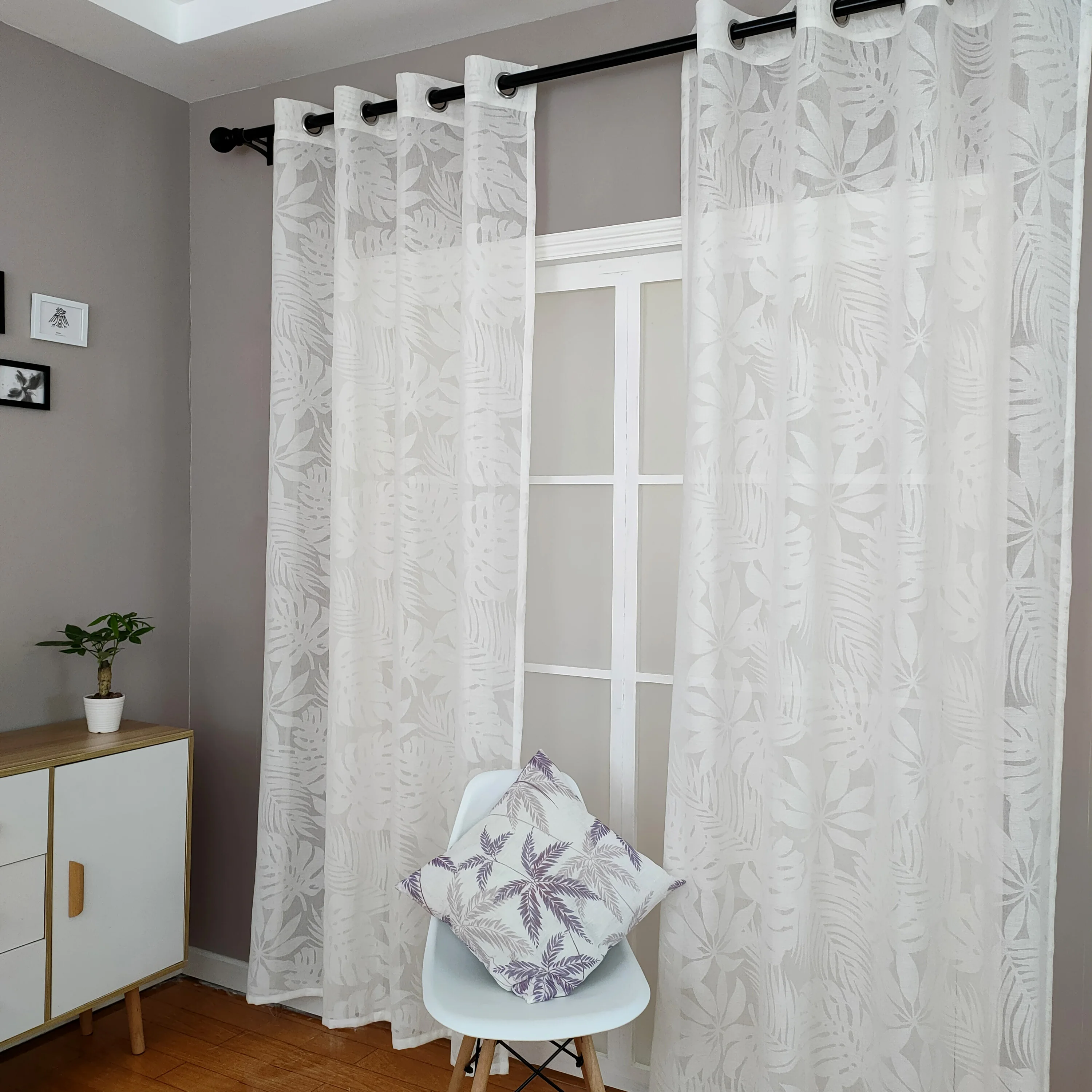 New Design 100% Polyester Soft Touch Floral Burnout Elegant Voile Banana Leaf Fancy Window Curtain