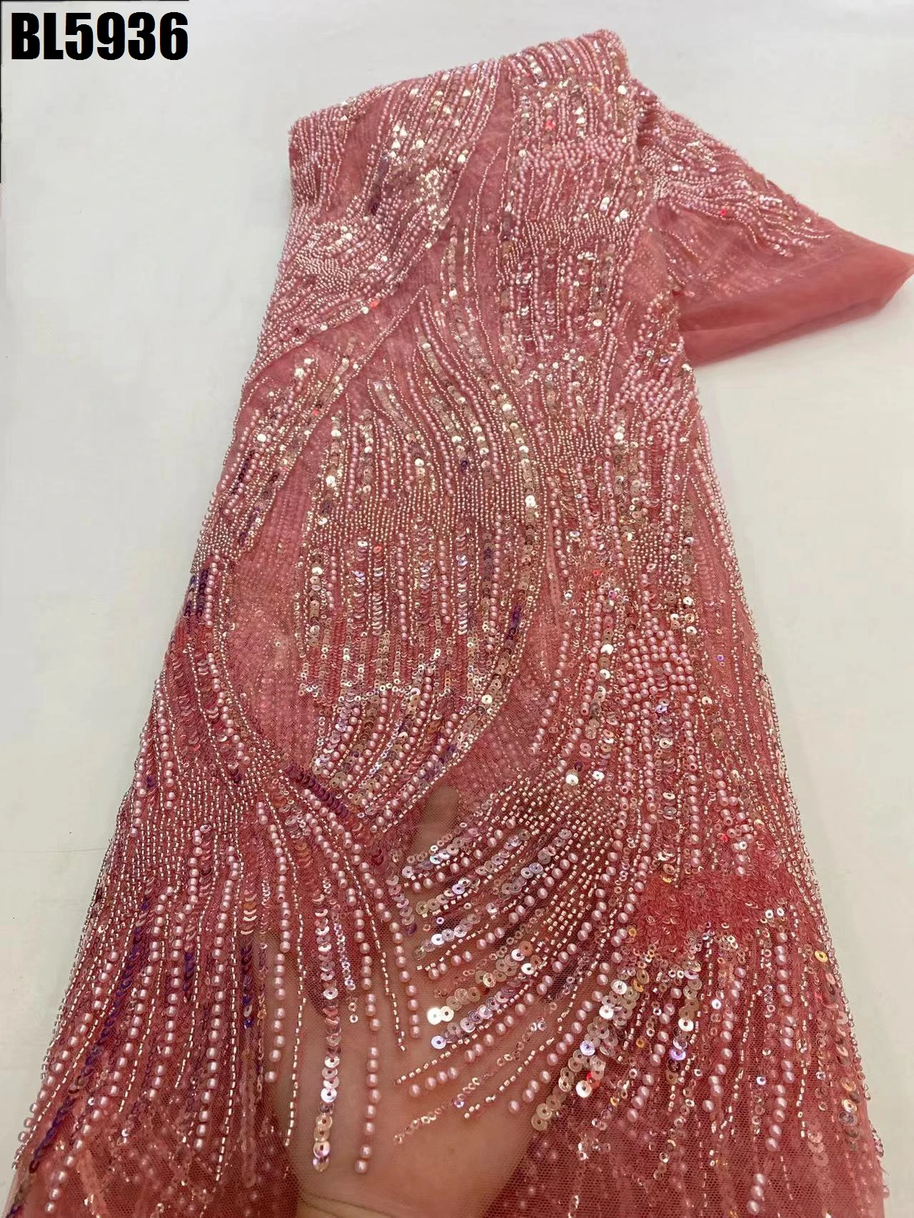 Luxury European Fashion Milan Wedding Dress Fabric Heavy Beads Sequins Mesh Lace French Embroidered Beaded Wedding Party Dress