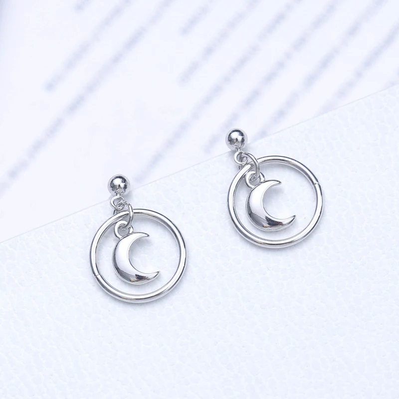925 Sterling Silver Earrings Circles Moon Stud For Women Jewelry