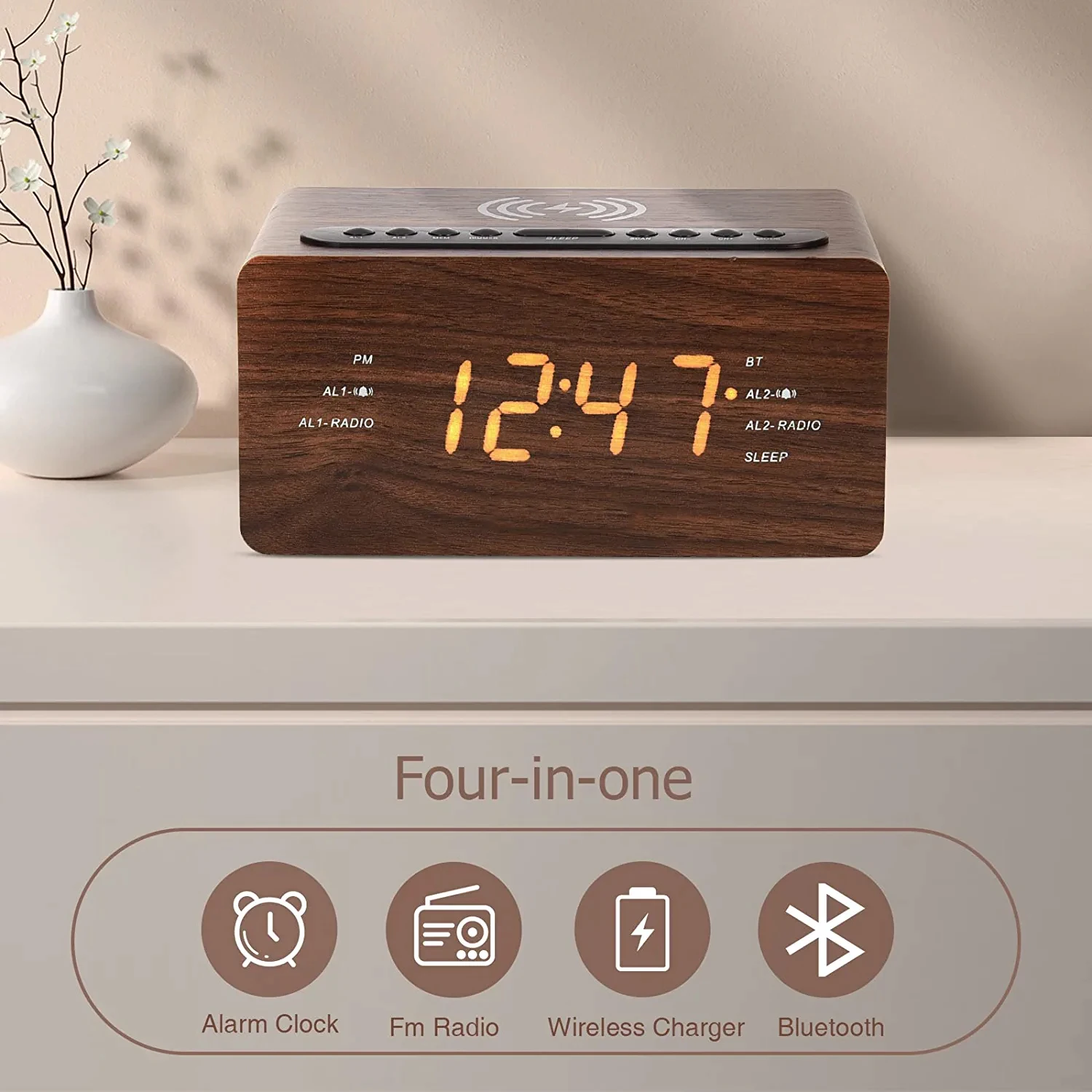 Manufacturers wholesale  LED display  wood grain Fast Wireless alarm clock Sleep Timer Digital USB port FM radio