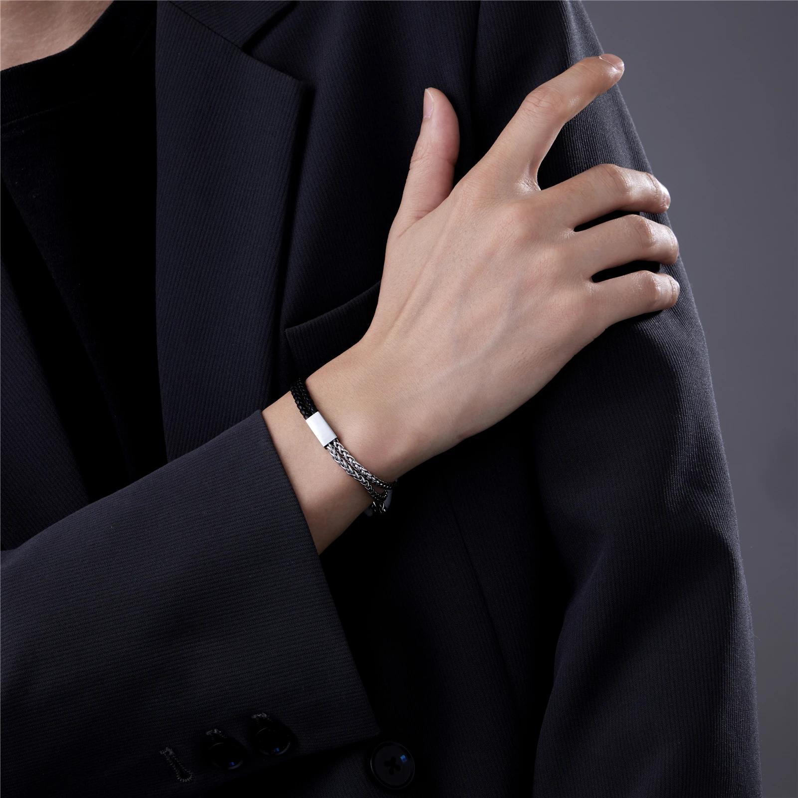 White & Black Leather Cord Bracelet Multiple Layers Cord Bracelet Stainless Steel Clasp Customized Bracelet