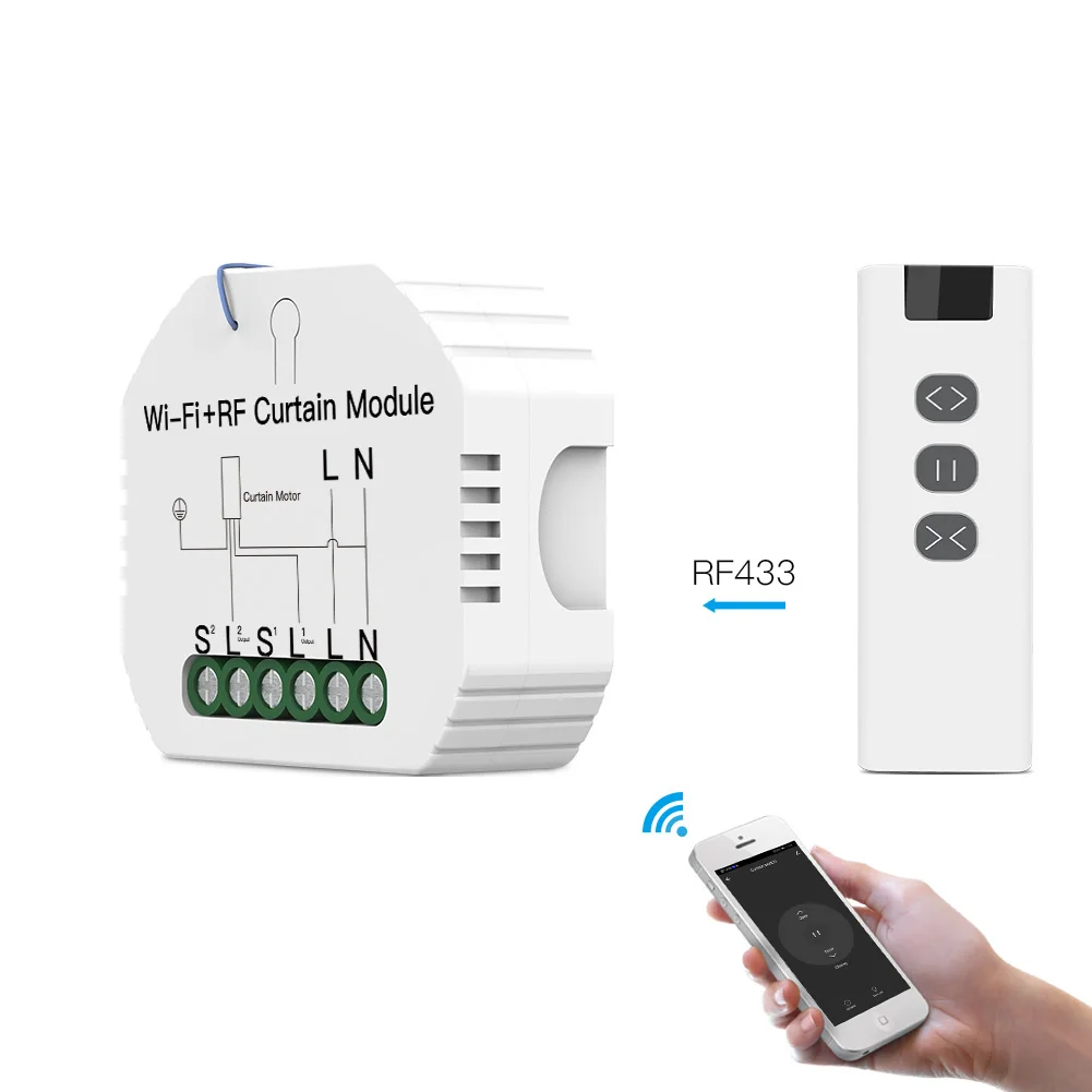 WiFi+RF433 Smart Curtain Switch Module with 9 Channel Remote Control for Roller Bllinds Shutter, Tuya/Smartlife, alexa, google