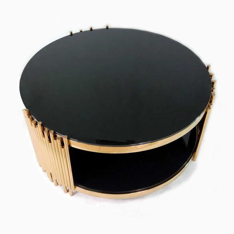 Luxury design Elegant black tempered glass coffee table set SKD gold tube stainless steel round coffee table