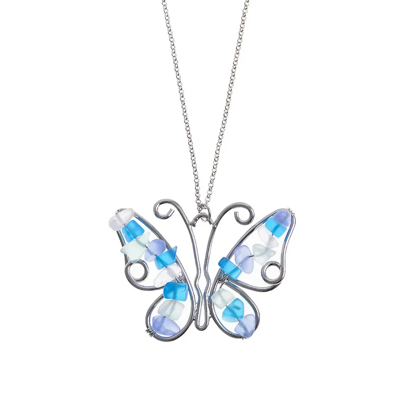 4 Colors Cascade Beach Sea Glass Beads Environmental Butterfly Dolphin Stone Floating Sea Glass Beach Pendant Necklace