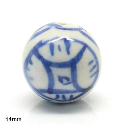 Handpainted 14mm custom European designs round blue and white multi designs porcelain Bead for jewelry making