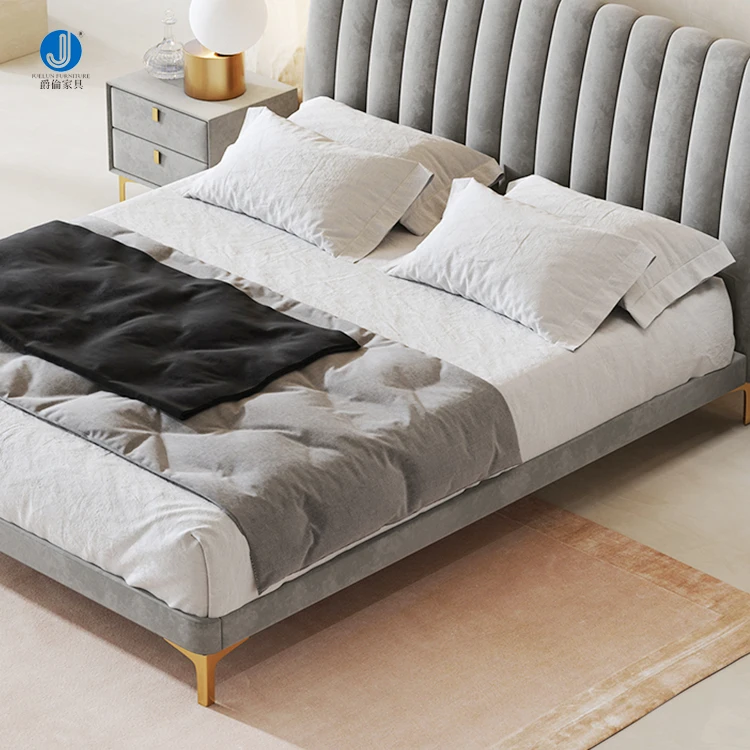 High End Bedroom Furniture Master Room Fabric Headboard Wooden Frame Stainless Steel Base Queen Size Double Bed