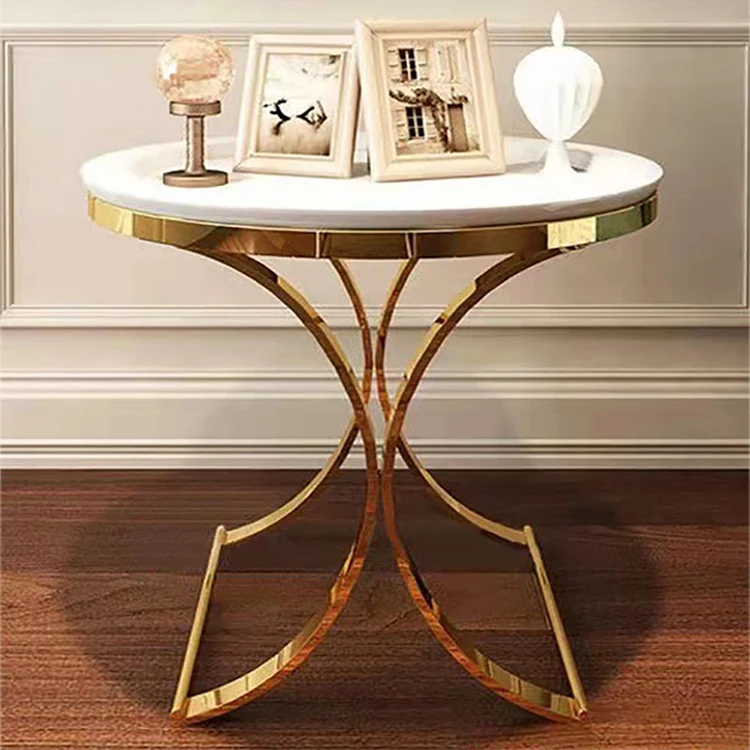 Modern gold stainless steel metal base small round table with marble top living room sofa side table home use furniture