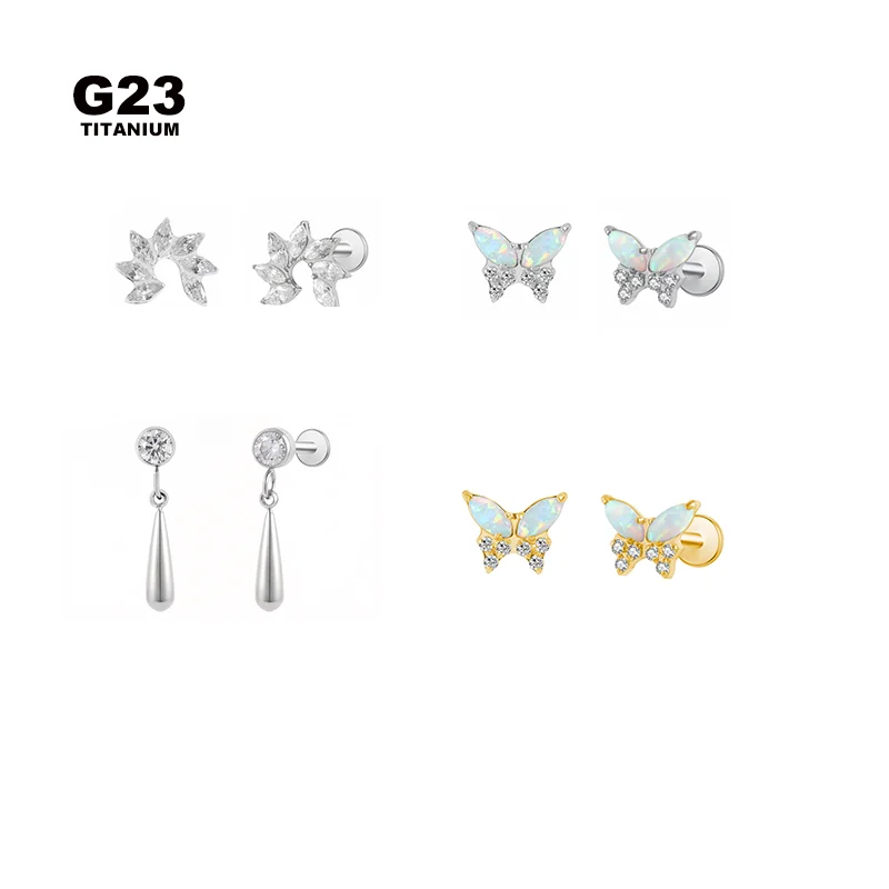 Internally Threaded G23 Titanium Labret Ear Piercings Waterdrop Zircon Earrings Opal Earring Stud