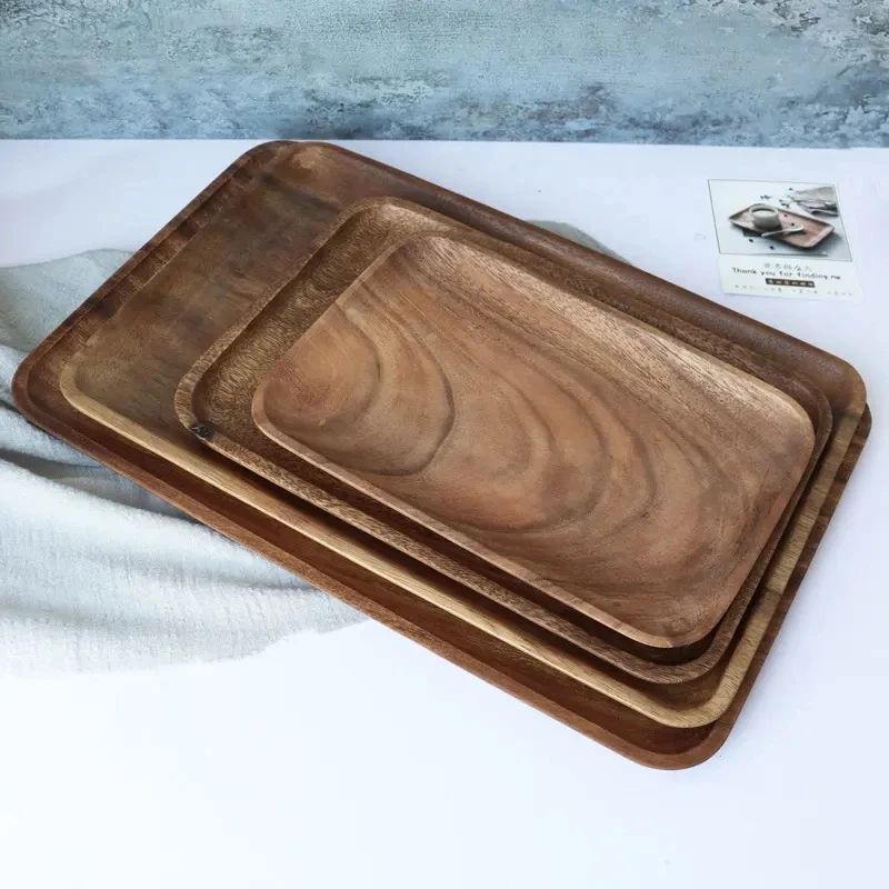 Hot Sale Custom OEM Hand Made Natural Kitchen Long Rectangular Square Acacia Wood Tray