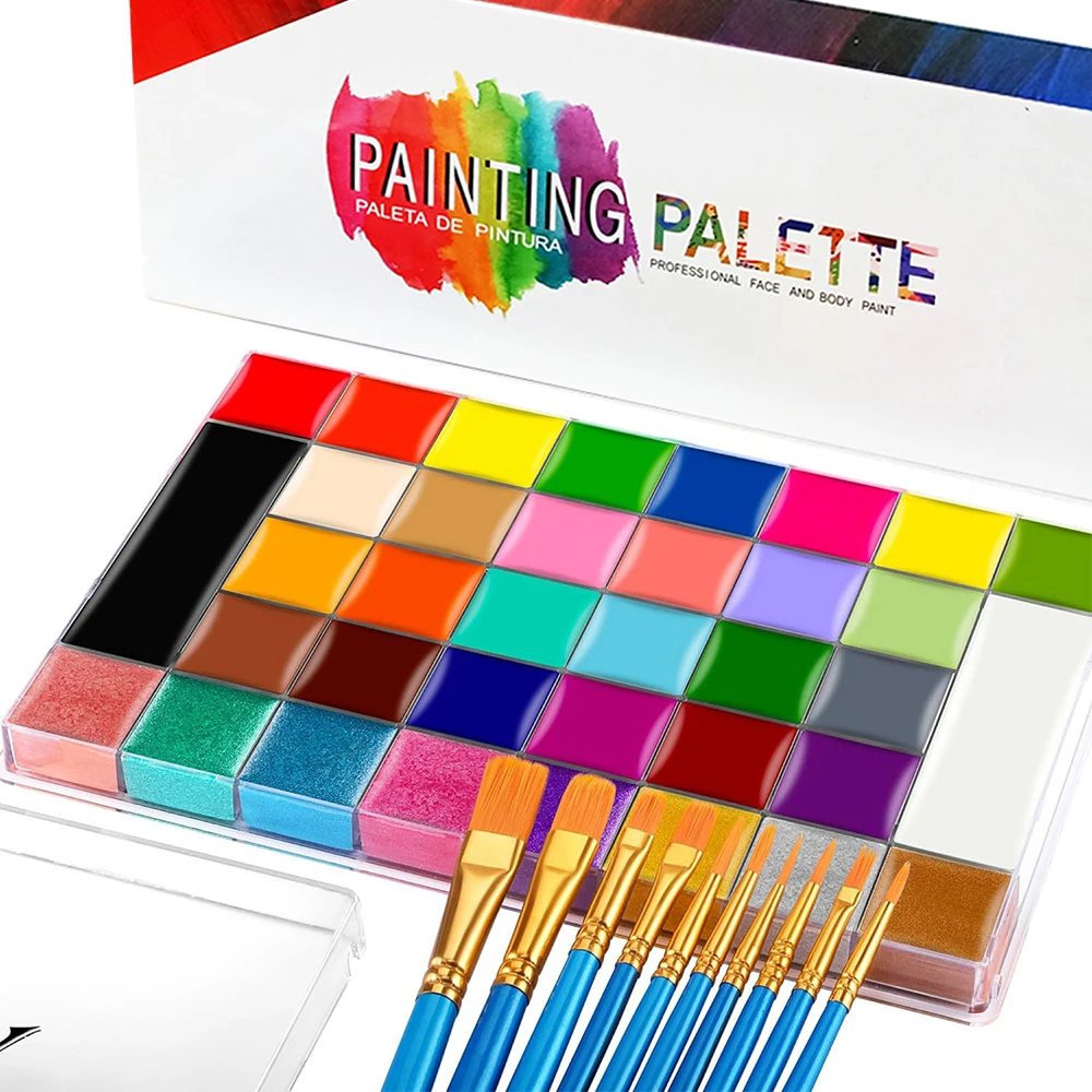 Professional 36 Colors Large Hypoallergenic Face Painting Palette Kit with 10 Brushes for Halloween Makeup