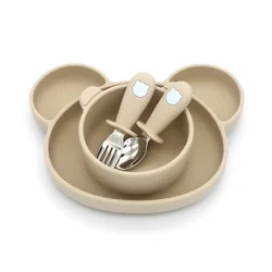 BPA Free Kids Tableware Silicone Feeding Set Supplies Silicone Bib Spoon Suction Unspillable Bowl Baby
