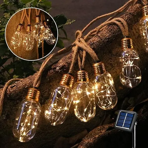 waterproof and 8 light modes outdoor solar LED fairy string lights with hemp rope and bulbs