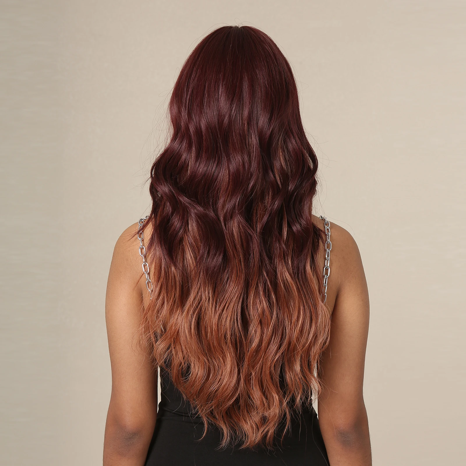 Wholesale Light Brown Ombre Wavy Body Synthetic Wig with Bangs High Temperature Fiber Daily Use Lace