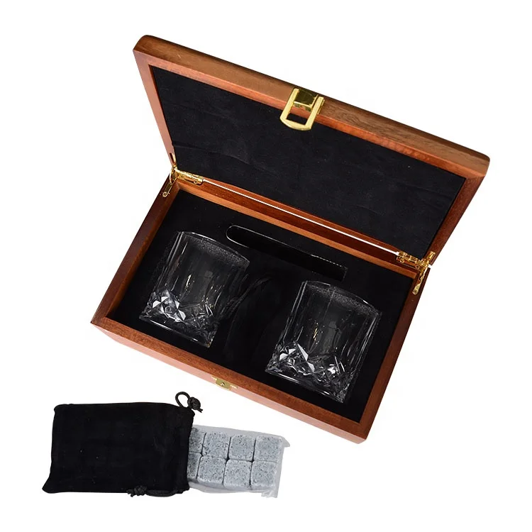 KLP glass whiskey tumbler bar granite whiskey stones and whiskey glass cup Acacia wooden box gift set Whisky set
