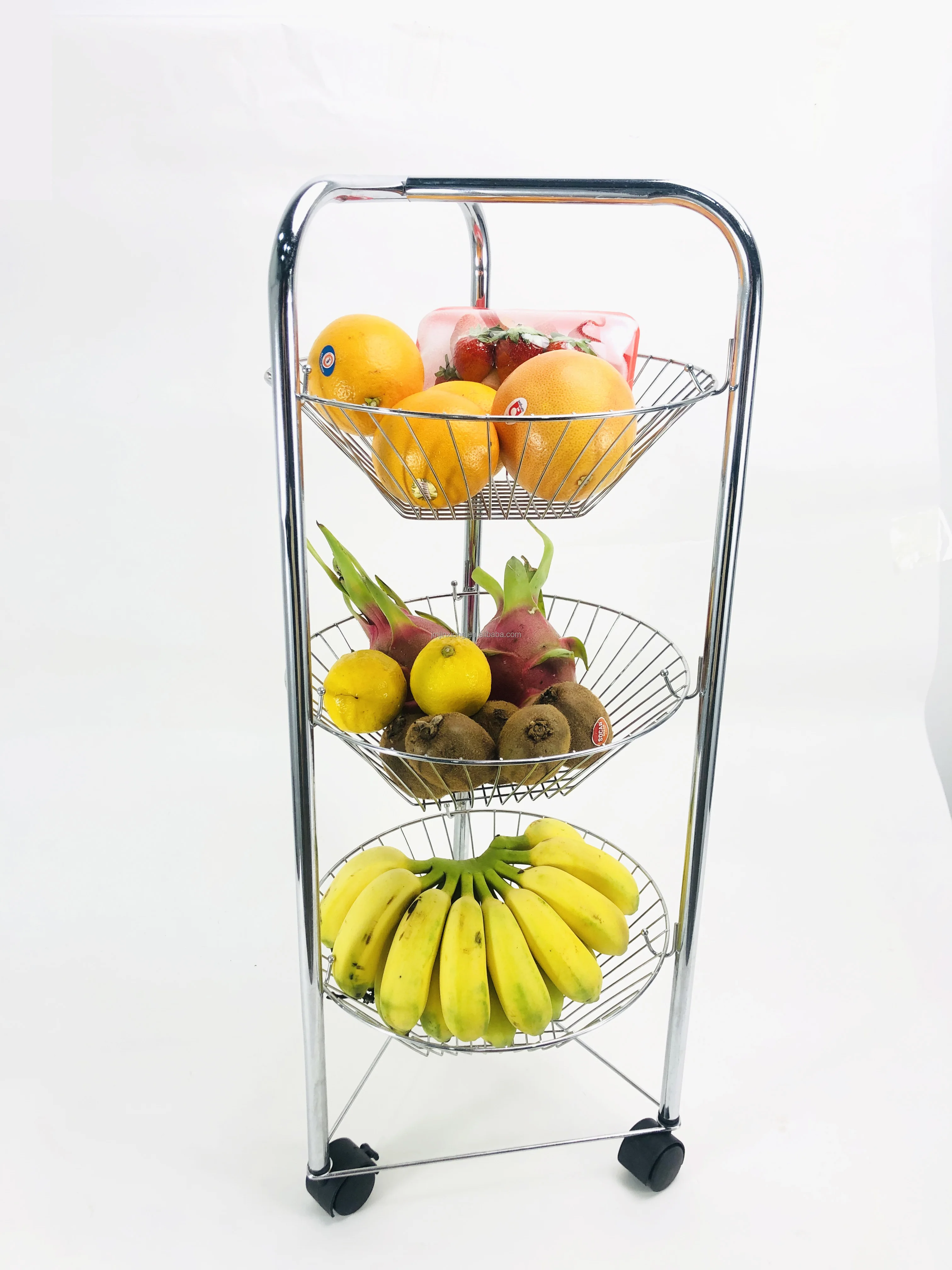 3 Layer Removable Chrome Plated Iron Wire Household Display Rack Storage Fruit Basket Organizer Shelf With Wheels