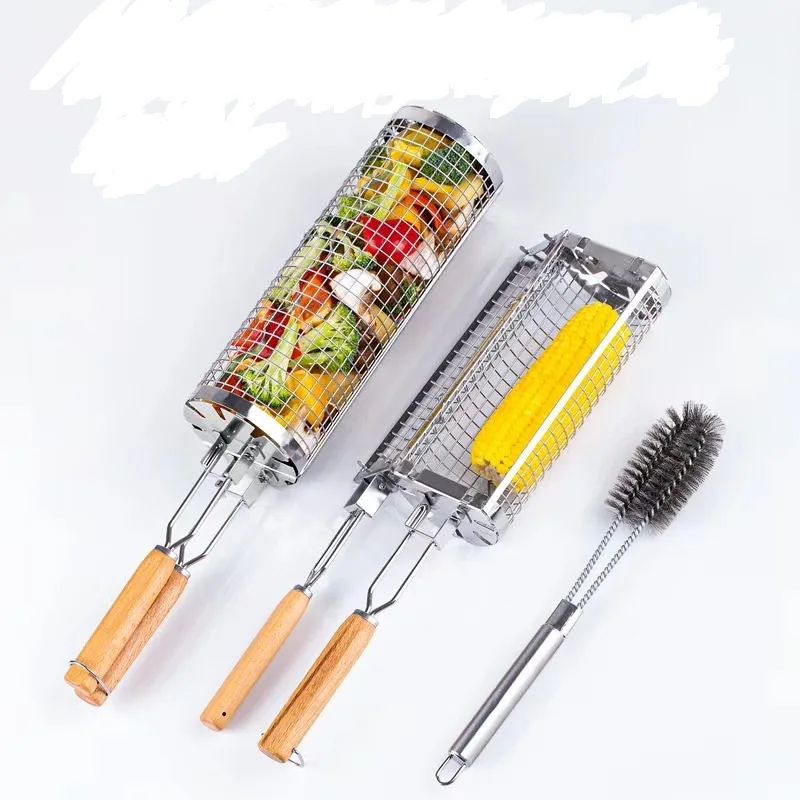 2 Pcs round Stainless Steel Metal BBQ Net Tube Outdoor Barbecue Rolling Grill Basket with Handle Grill Tools
