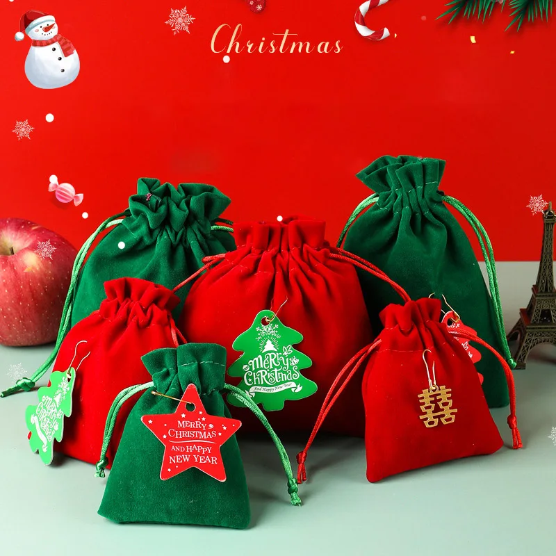 Christmas Velvet Bag With Hanging Ornaments Green Red Xmas Star Tree For Jewelry Candy Party Favor Gift Accept Custom