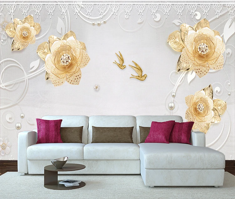 Съемные обои с изображением золотых цветов, настенные белые кружевные 3D-обои