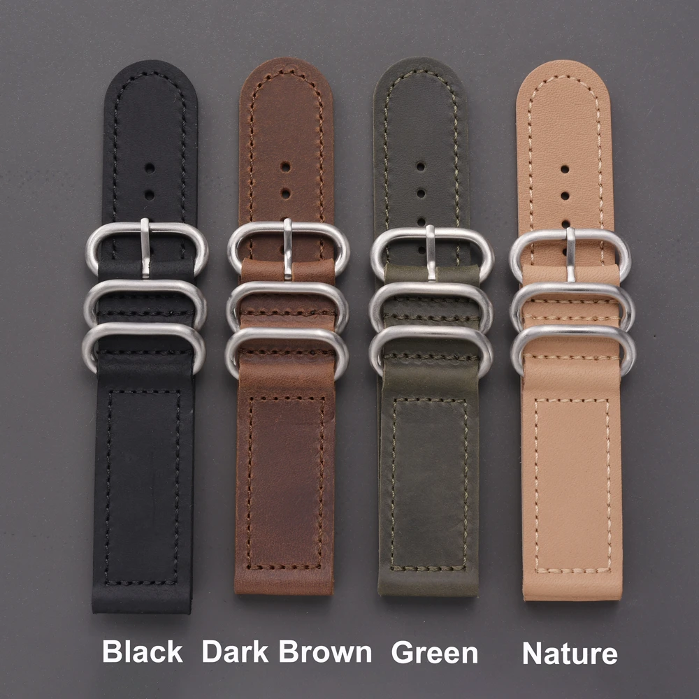 EACHE Luxury 20mm 22mm 24mm Silver ZULU Buckle Crazy Horse Leather Strap Watch for Man