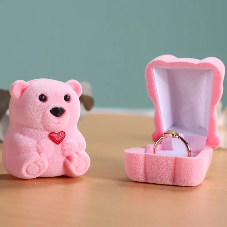 Cute Little Bear Ring Box Velvet Earring Jewelry Box Display Storage Case Gift Box for Proposal Engagement Wedding
