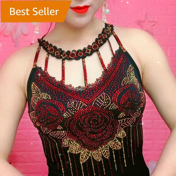 Women long rose Rhinestone Shiny Sequined Slim Knit Suspender Nightclub Vest Sleeveless Camisoles Party Dressy Padded Tank Top