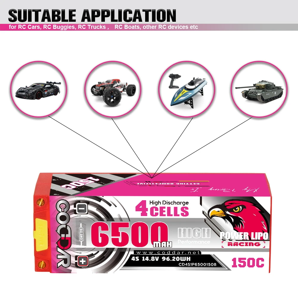 CODDAR 4S 6500MAH 14.8V 150C 5mm Bullet Hard Case RC LiPo Battery 1/10 1/8 Scale RC Car Boat Truggy