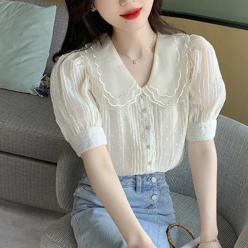 Women Ladies Double Lace Collar Short Sleeve Chiffon Tops and Blouses