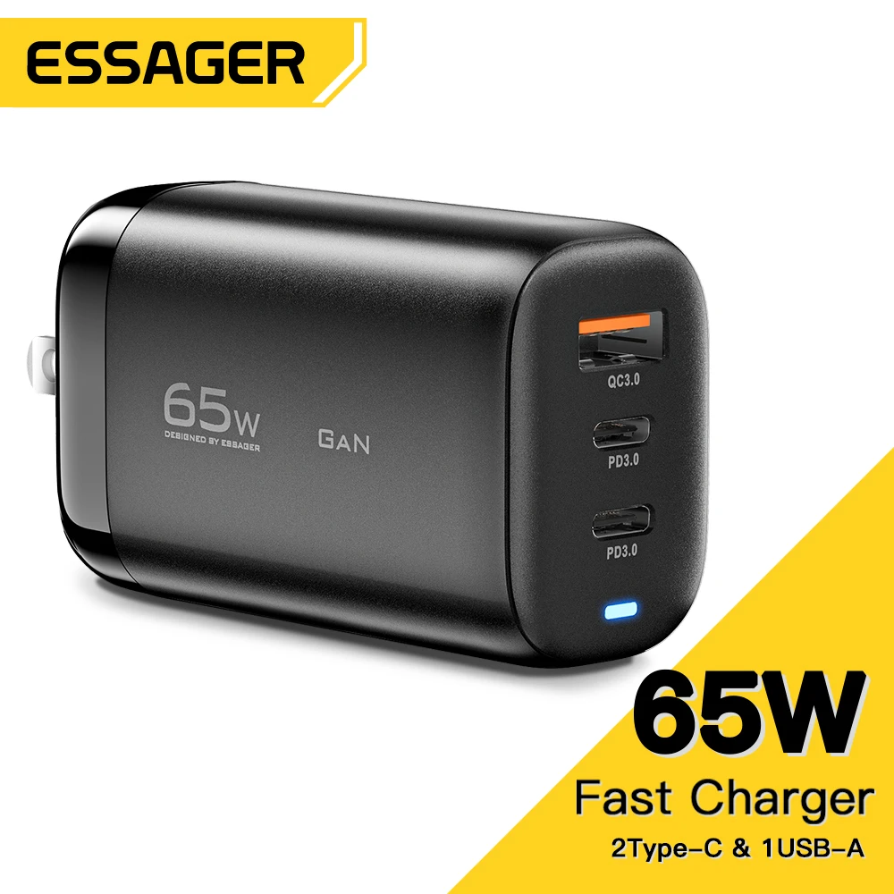 Essager 2022 Shining QC PD 3.0 Fast Charger 3 USB Wall Charger US/ EU/UK Charge Travel Adapter GaN Charger