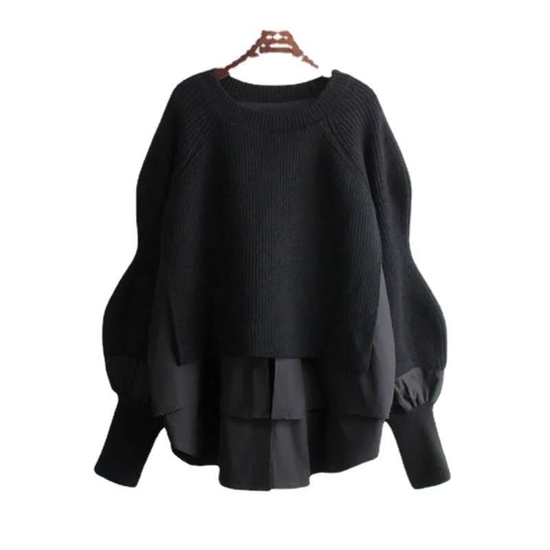 Autumn/Winter Female Top Elegant Loose Pullover Knitted Sweater with round Neck Yankee Stitching False Two-Piece Design