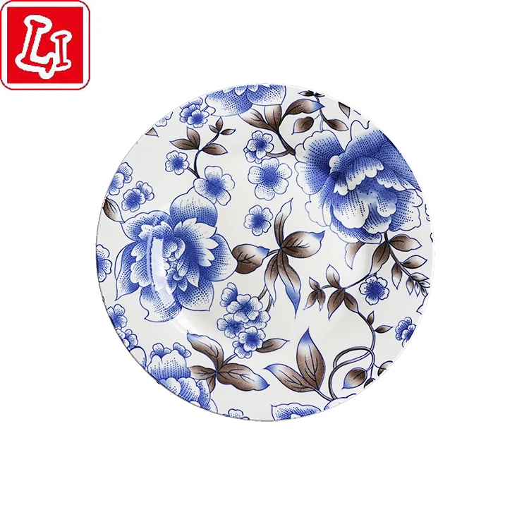 
Retro style blue and white porcelain pattern round flat plate ceramic dining plate 