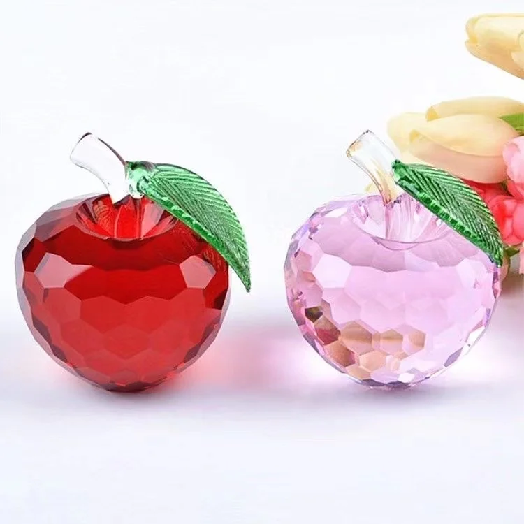 New items Crystal glass apple with crystal leaf have clear red blue pink color for home/wedding/christmas decoration