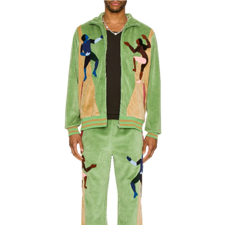 Custom wholesale mens velour track suit with chenille embroidered exercise sets