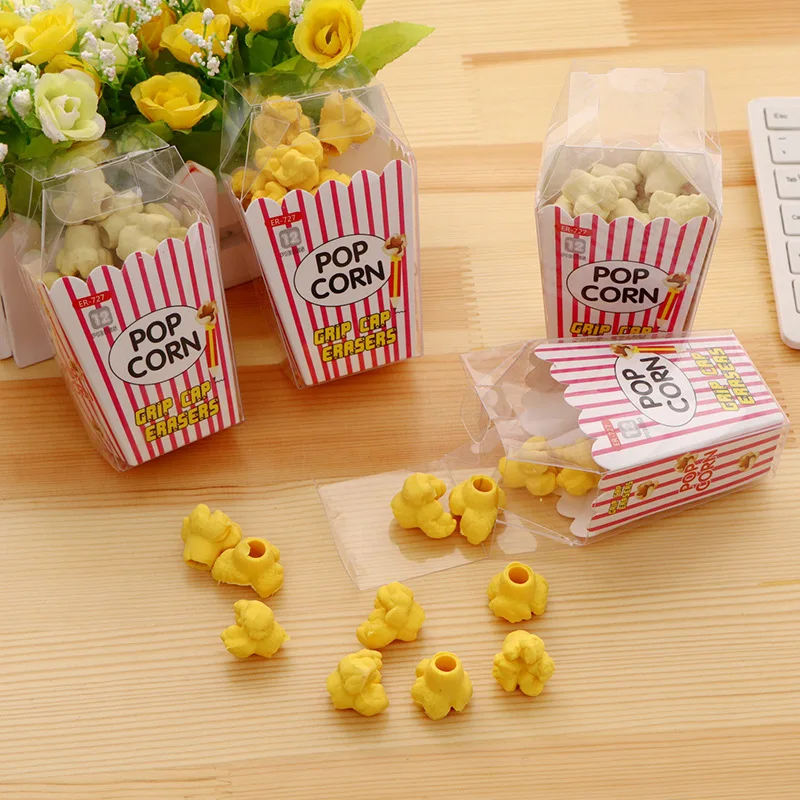 12pcs/box Cartoon Popcorn Pencil Eraser Japanese Stationery Creative popcorn shape erasers Supplies Kawaii Food Popcorn Erasers (1600676647767)