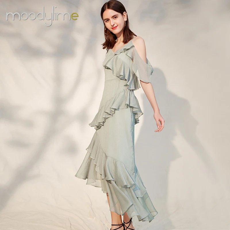
Summer flouncing off-the-shoulder long classy dress asymmetrical ruffled chiffon medium length dress for women 