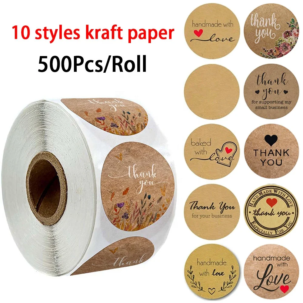 500 Pcs Round Natural Kraft Thank You Sticker Seal Labes gift Hand Made With Love Stickers Scrapbooking Stationery Sticker Roll