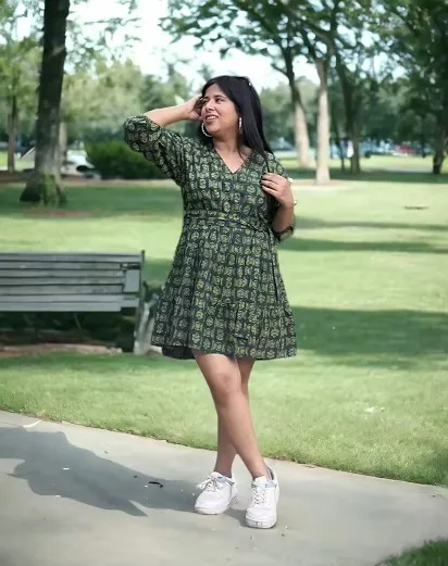 Women High Quality New Arrival Elegant Summer Kalamkari Green Cotton V Neck Full sleeved Side Pocket korean Casual Dress