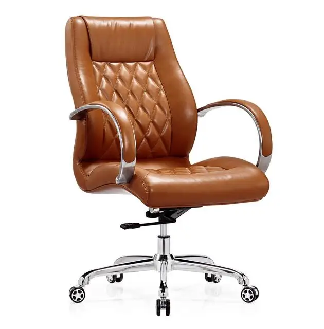 Modern design comfortable luxury office cognac PU mid back boss chair with steel chromed base