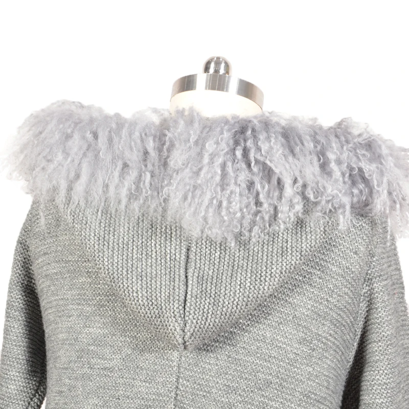 Custom Ladies Stylish Real Tibet Wool Collar Hooded Long Wool Blend Knitted Women Sweater Coat For Winter
