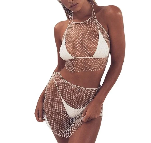 Jewelry Crystal Sexy Rhinestone Lingerie Body Chain Hot Rhinestone Shiny Swimsuit Hand-woven Fishnet Bikini Blouse Skirt