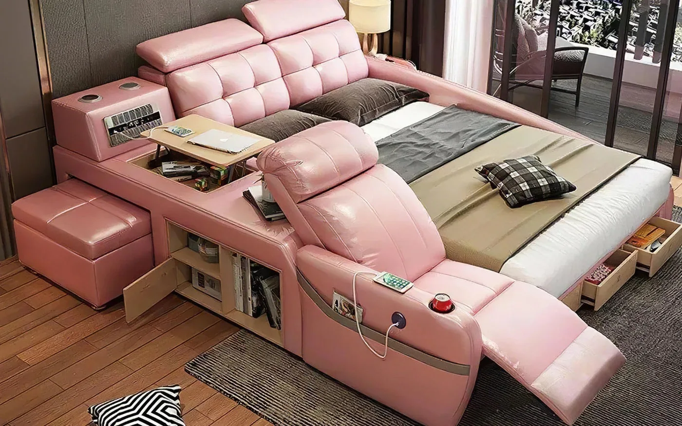 Modern design multifunctional massage bedroom furniture genuine leather smart bed with music