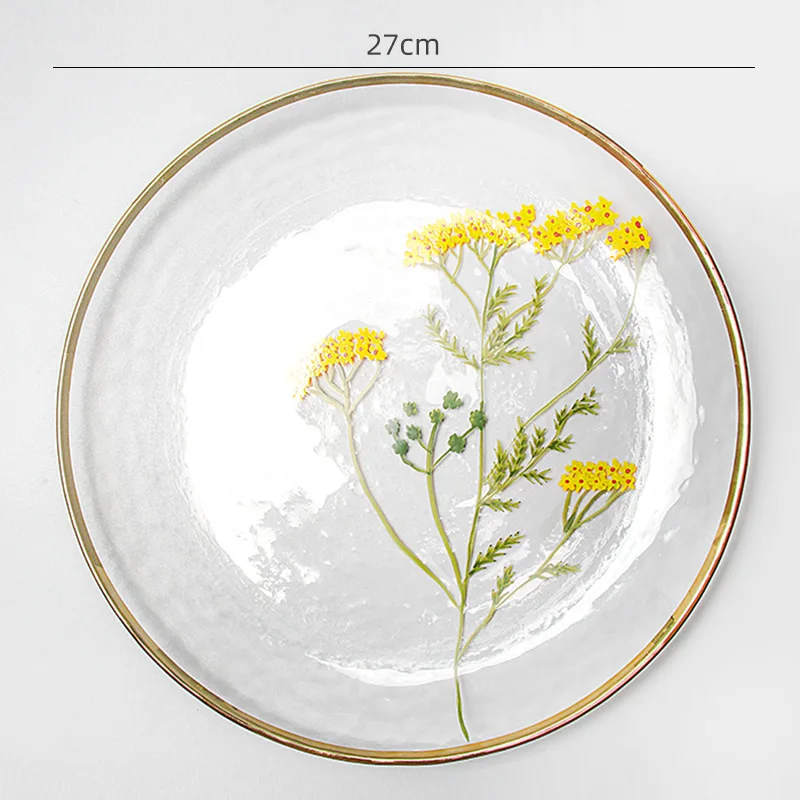 wholesale flower 12 inch round glass plate floral fruits microwave oven glass plate