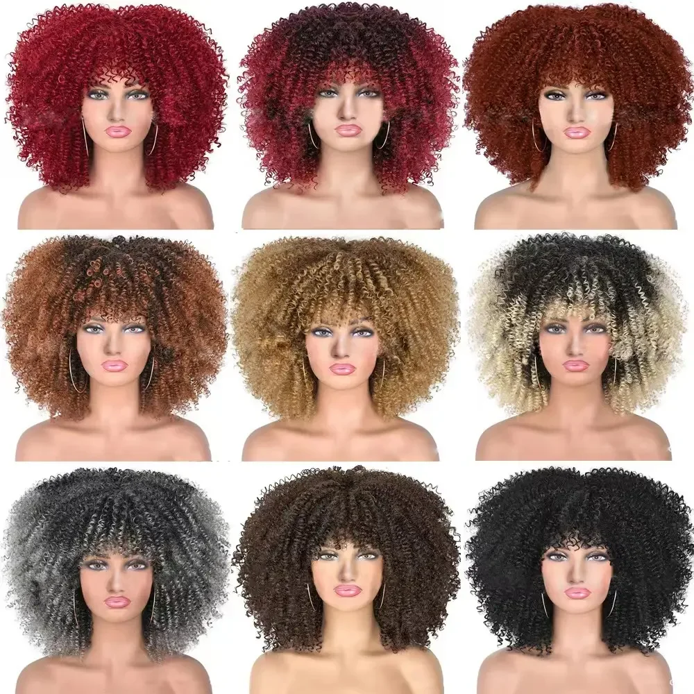 Cheap Heat Resistant Curly Synthetic Wigs With Lowest Price Quality Glueless Afro Kinky Synthetic Fiber  Hair Wigs With Bangs