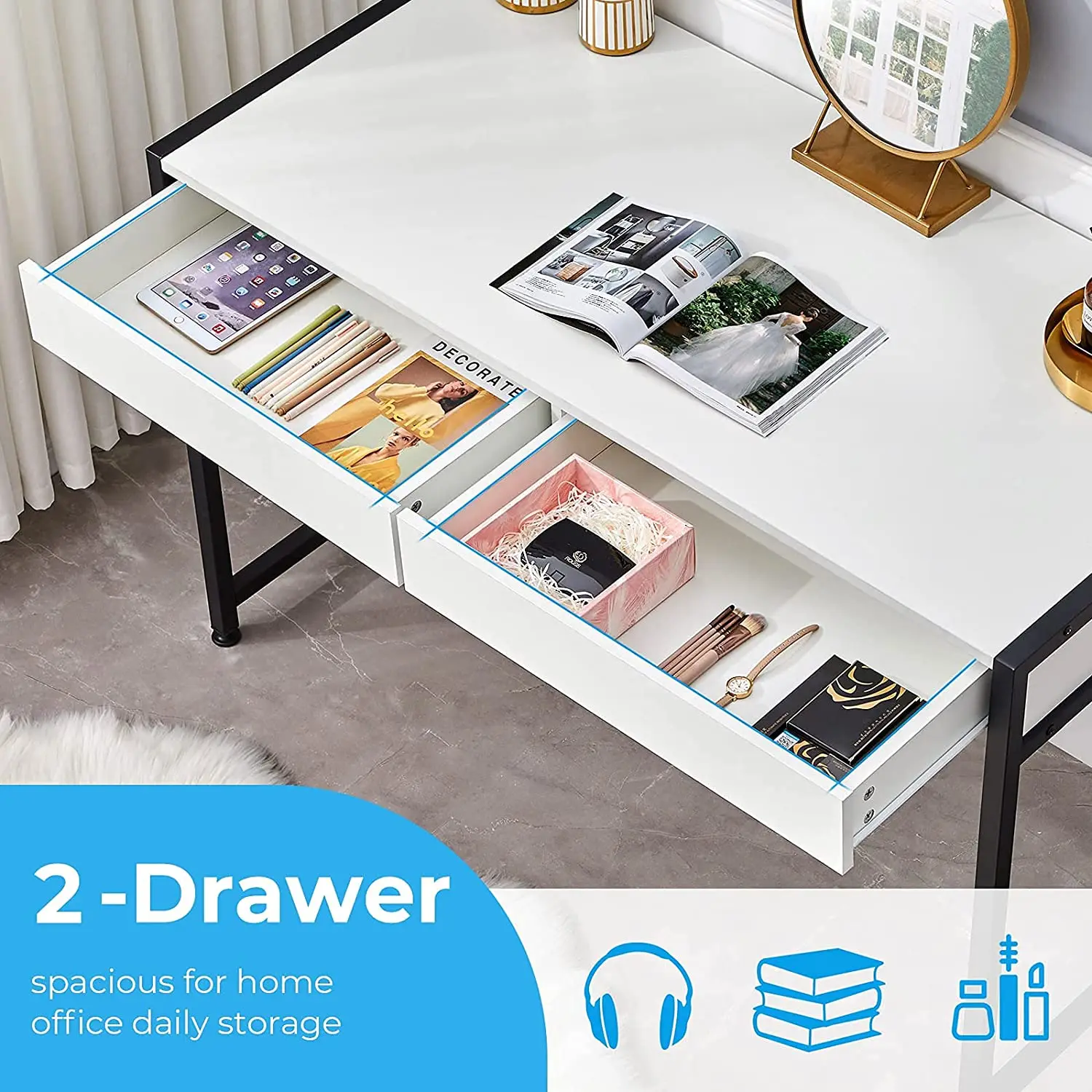 Modern Stylish Home Office Desk Make-Up Vanity Table with 2 Storage Drawers