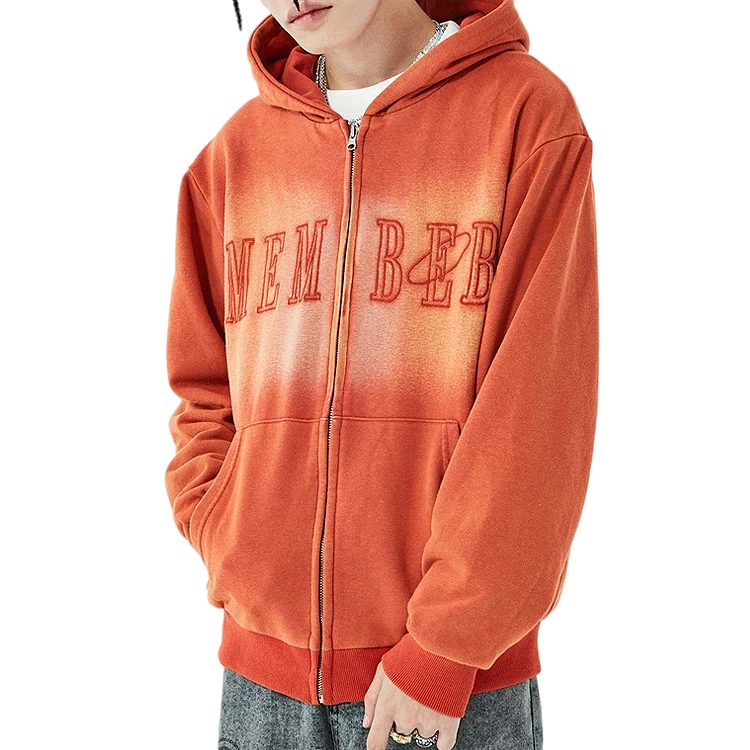 Модная уличная одежда, толстовка на молнии с эффектом потертости, качественная хлопковая винтажная толстовка с вышивкой логотипа на заказ, мужская толстовка с капюшоном на молнии