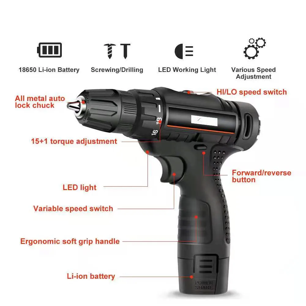 
Hot Sale Power Tools Cordless Hand Drill Portable Electric Drill Machine 12v Lithium Hand Drilling Machine 